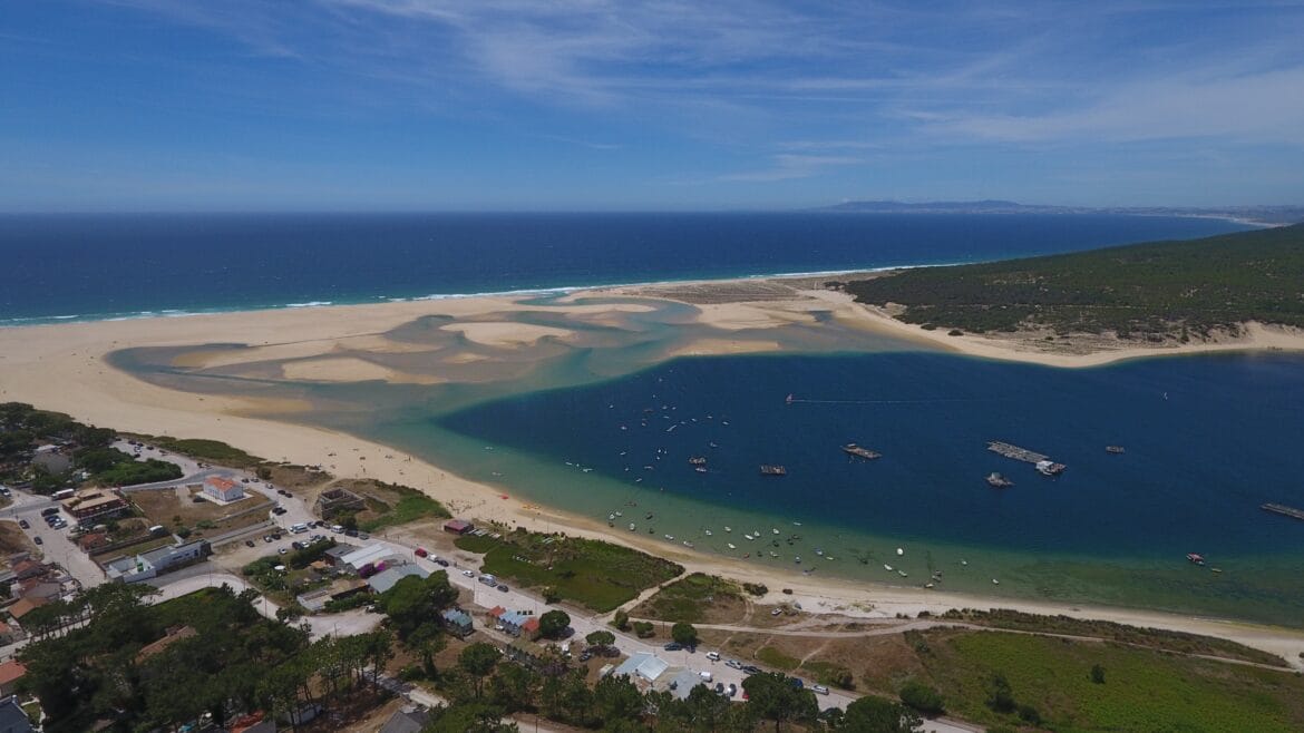 best beaches Sesimbra coastline Lagoa de Albufeira Arrábida aerial